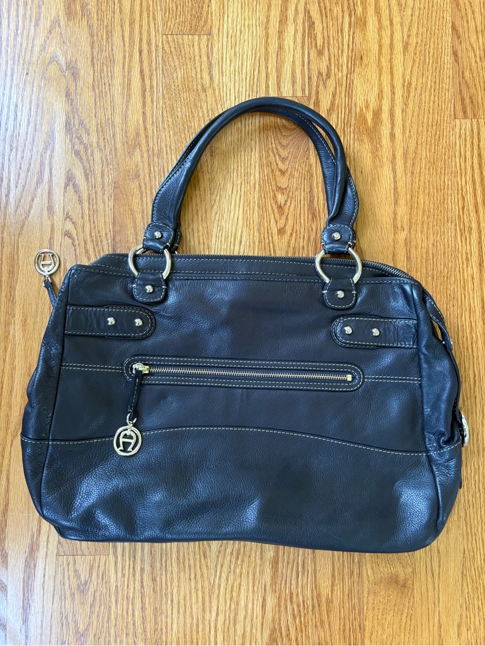 Etienne Aigner Black Leather Shoulder Tote with Gold Hardware